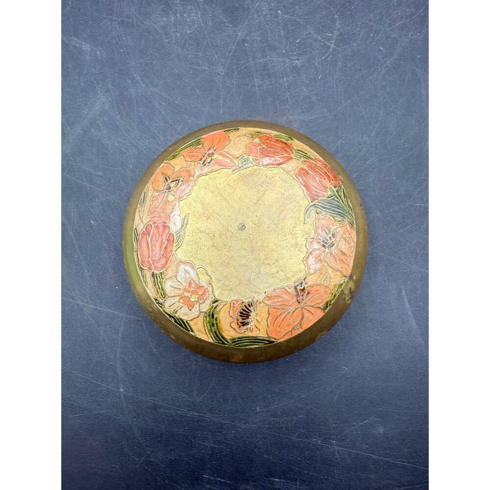 Vintage Indian Brass Painted Round Box with Floral Design